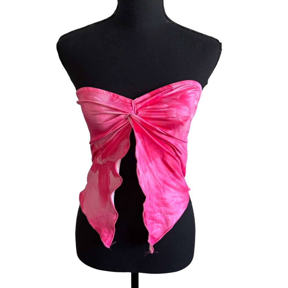 SHEIN Womens Pink Floral Twist Front Y2K Tube Top Split Hem Size M Hibiscus